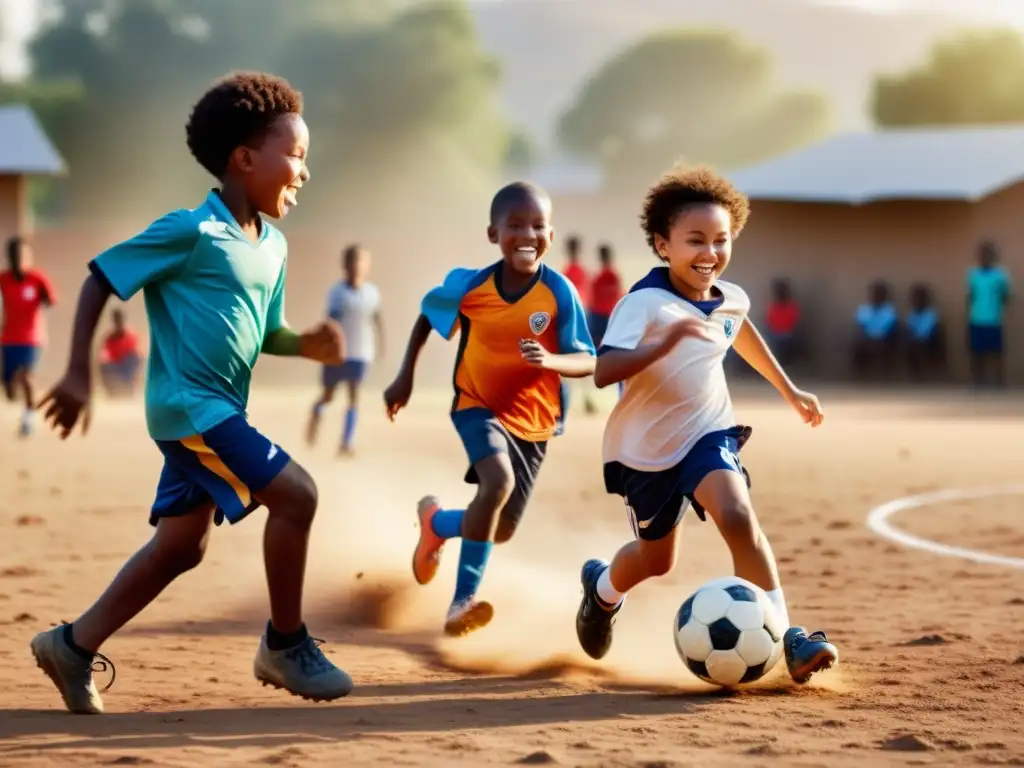 Niños de distintas edades y etnias juegan alegremente al fútbol en un campo polvoriento y soleado, mientras voluntarios los animan