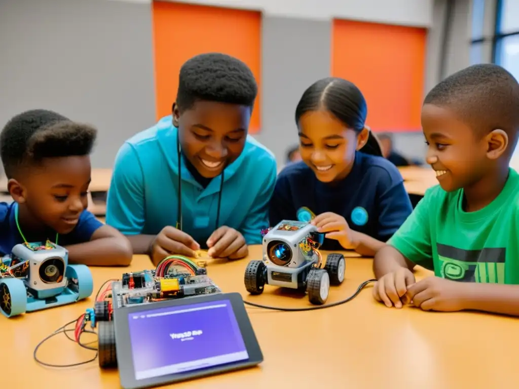 Niños emocionados participando en un taller de robótica educativa para ONGs, ensamblando y programando robots