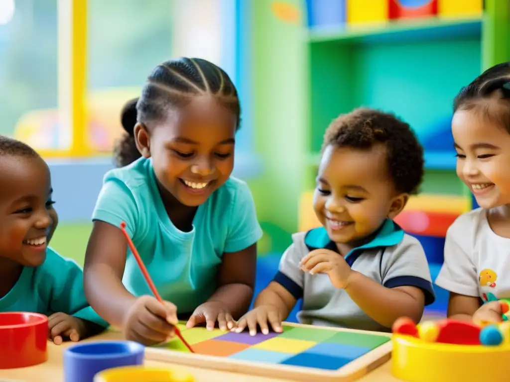 Niños felices aprendiendo y jugando en un centro de desarrollo infantil colorido, transmitiendo alegría y curiosidad