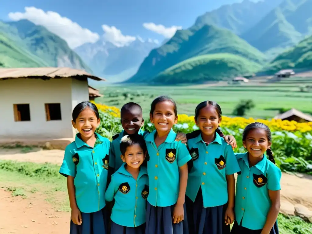 Niños felices disfrutan juegos en paisaje rural, rodeados de naturaleza exuberante y montañas, con centro comunitario de ONG al fondo