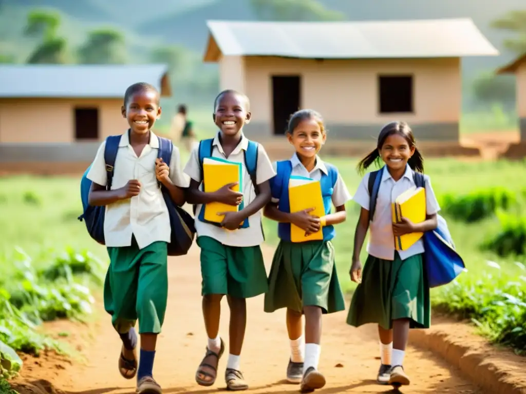 Niños felices llevando útiles escolares hacia escuela nueva