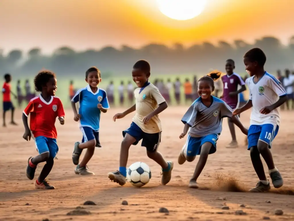 Niños de una ONG juegan fútbol al atardecer, rodeados de adultos sonrientes