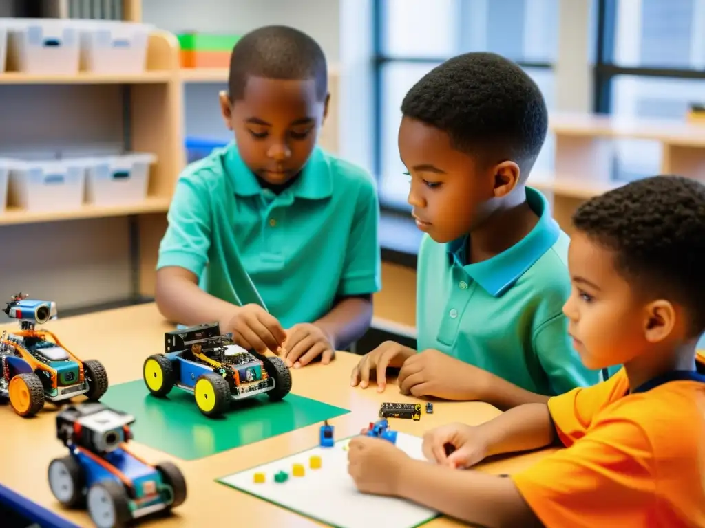 Niños y jóvenes colaboran entusiasmados en una clase de robótica educativa para ONGs, resolviendo problemas y creando juntos