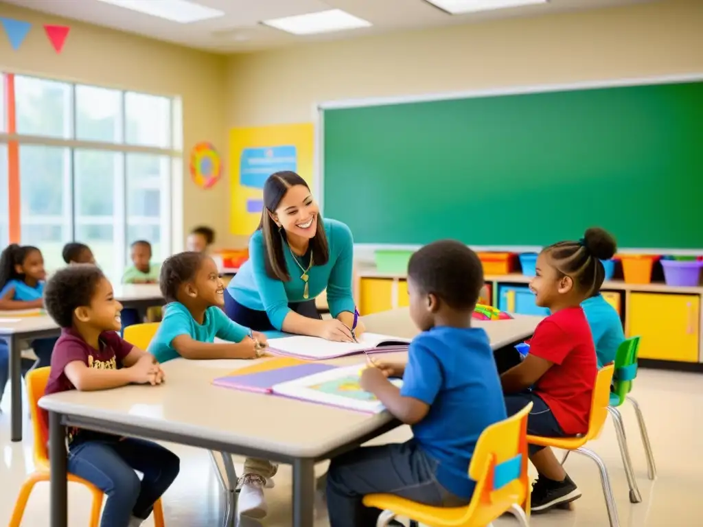 Niños de diferentes orígenes participan en actividades educativas en un aula espaciosa y brillante, creando un ambiente cálido y acogedor