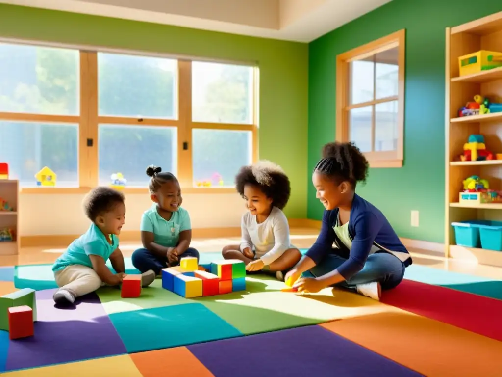 Niños de diferentes orígenes juegan en un centro de educación infantil interactivo y vibrante con material educativo y juguetes coloridos