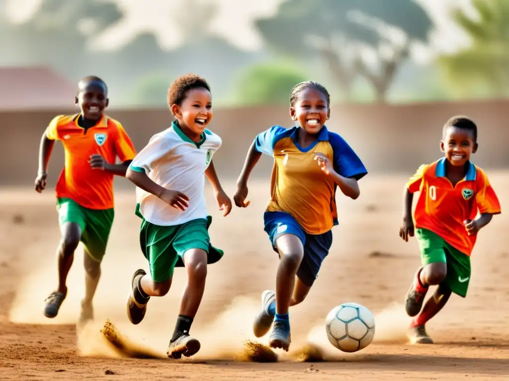 Niños de diferentes orígenes juegan fútbol en un campo polvoriento, sonriendo mientras persiguen la pelota