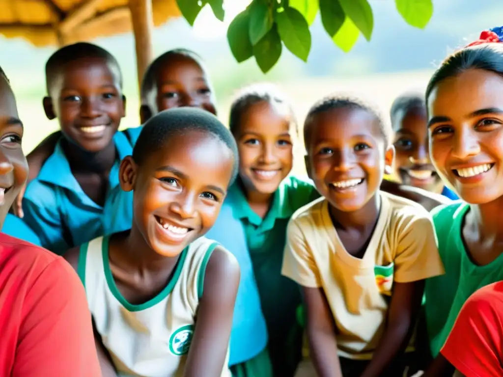 Niños sonrientes participando en actividad educativa y recreativa en una aldea rural