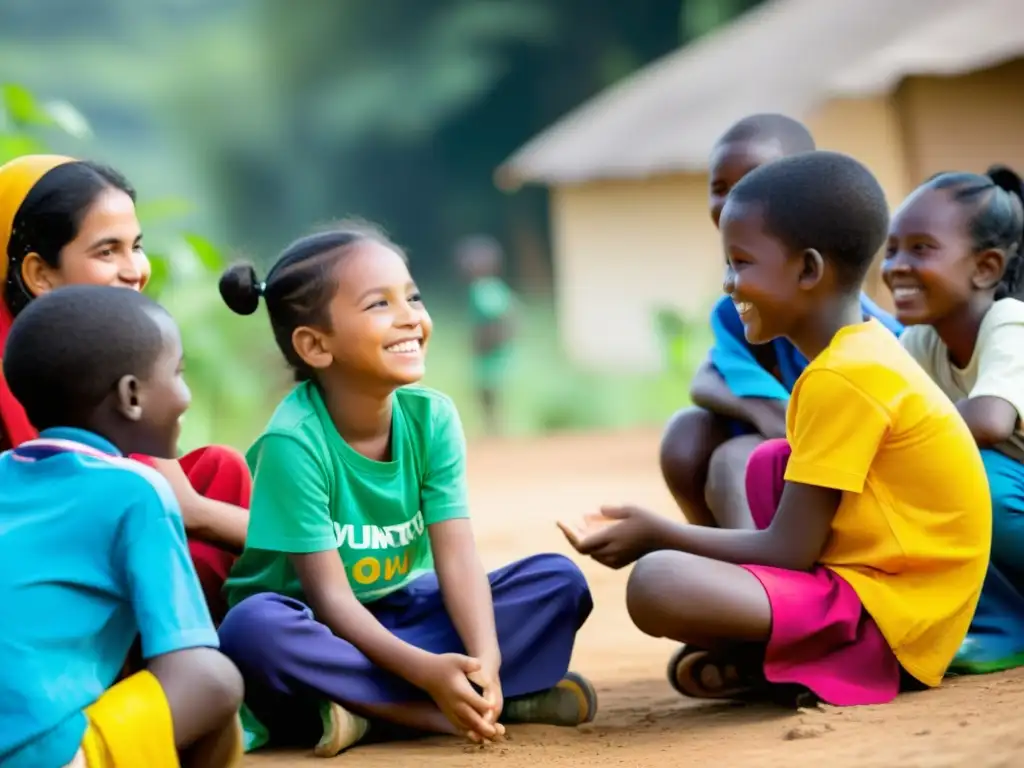 Niños sonrientes participan en actividad educativa con voluntarios de ONG en cooperación internacional para erradicación pobreza