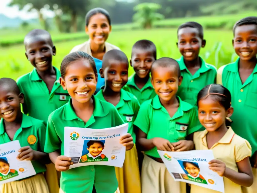 Niños sonrientes en una aldea rural reciben apoyo educativo de una ONG, transmitiendo esperanza