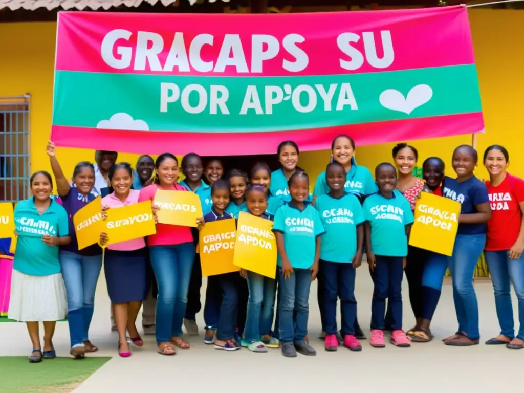 Niños sonrientes en ONG muestran carteles de agradecimiento