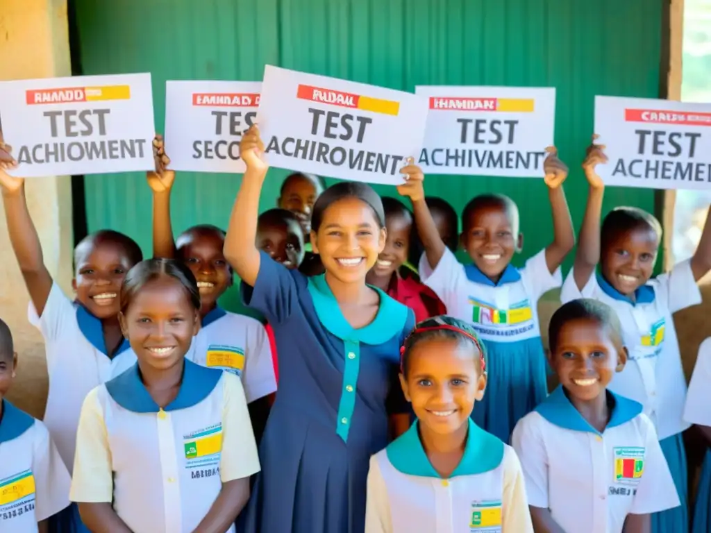 Niños sonrientes muestran carteles con logros educativos gracias al Financiamiento por resultados ONG, rodeados de orgullosos maestros y comunidad