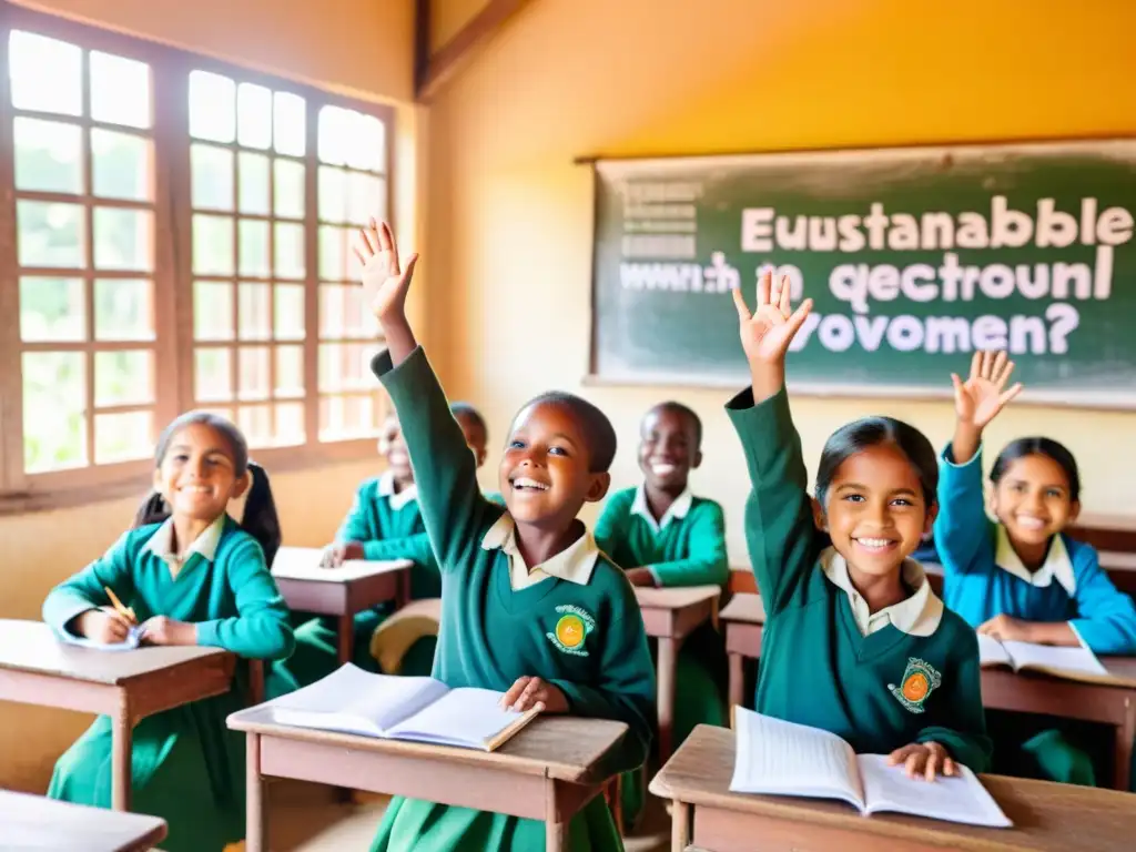 Niños sonrientes participan animadamente en una clase rural, con pósters educativos coloridos en las paredes