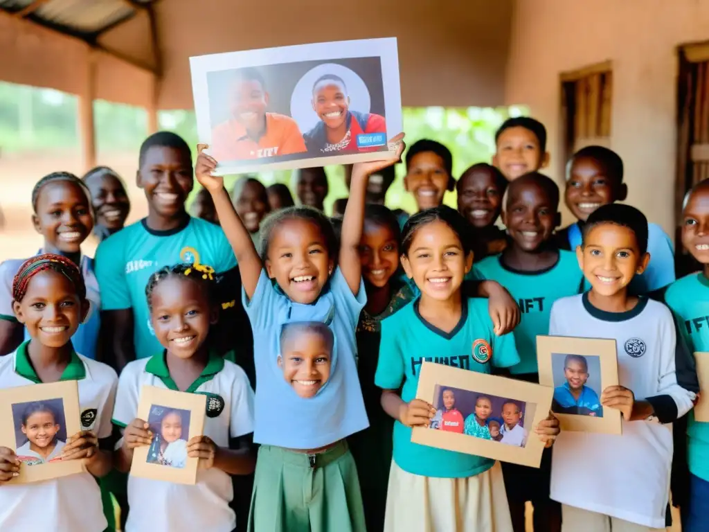 Niños sonrientes de una comunidad desfavorecida y voluntarios muestran los beneficios de aceptar NFTs ONGs con arte digital