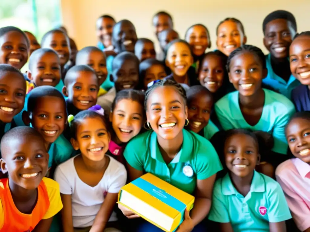 Niños sonrientes reciben donaciones de útiles escolares y libros en un centro comunitario, mostrando la impactante labor de las ONGs