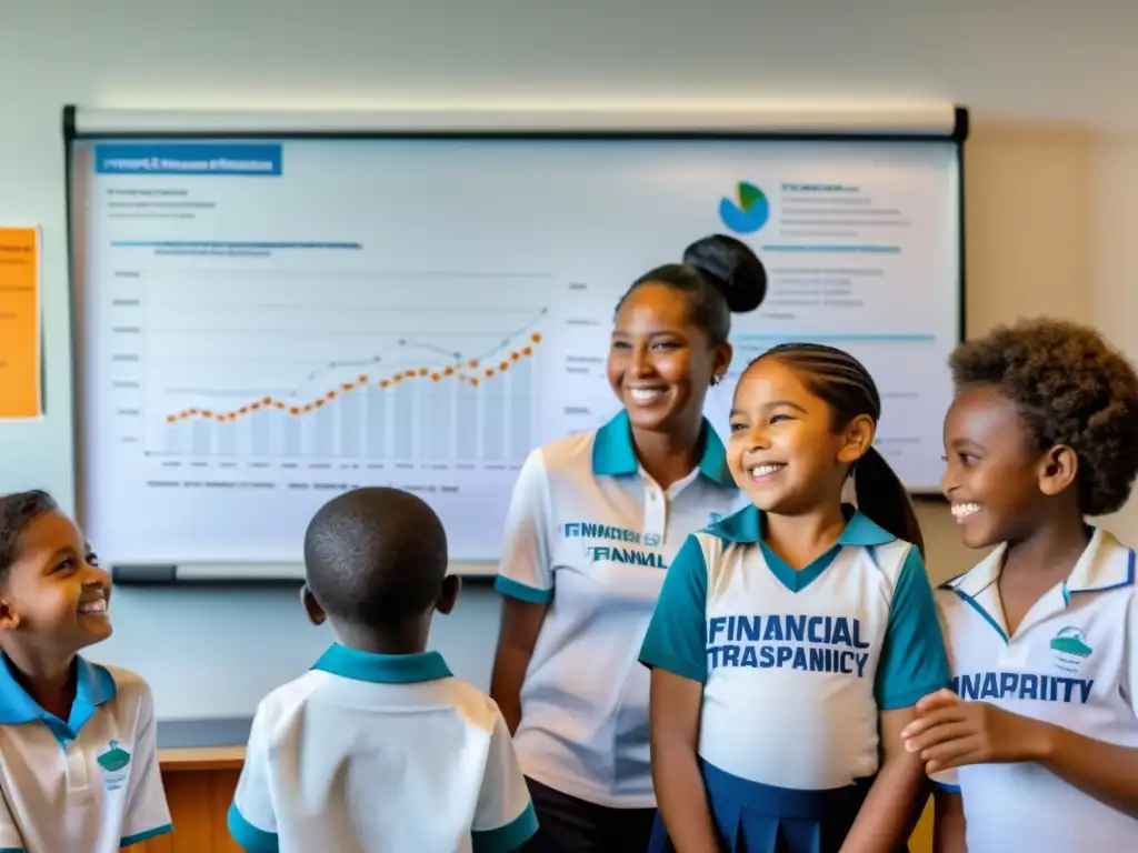 Niños sonrientes frente a pizarra con gráficos financieros, mientras voluntarios y personal discuten en un ambiente de transparencia financiera ONG