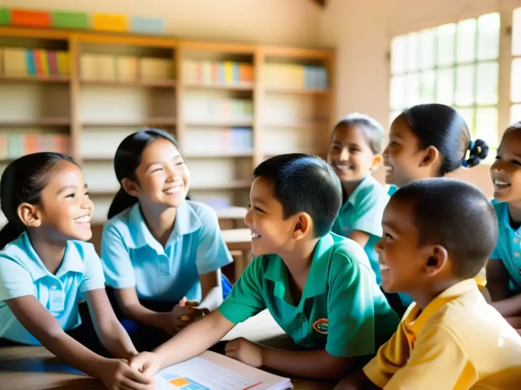 Niños sonrientes aprenden sobre Elaboración informes financieros ONG en escuela rural, rodeados de materiales educativos