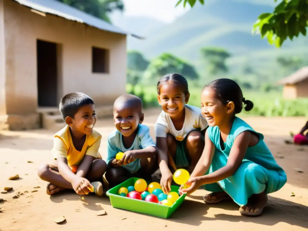 Niños sonrientes juegan con juguetes educativos en una aldea rural, rodeados de naturaleza