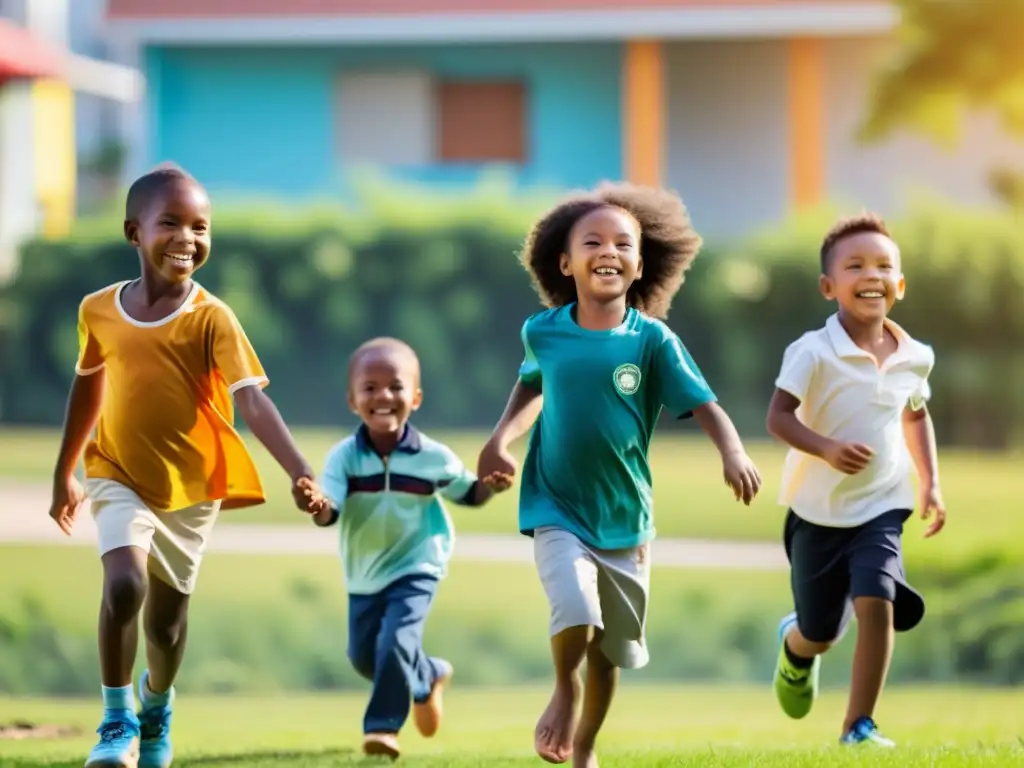 Niños sonrientes de una ONG comunitaria juegan y se toman de las manos en un campo soleado, rodeados de un vibrante vecindario