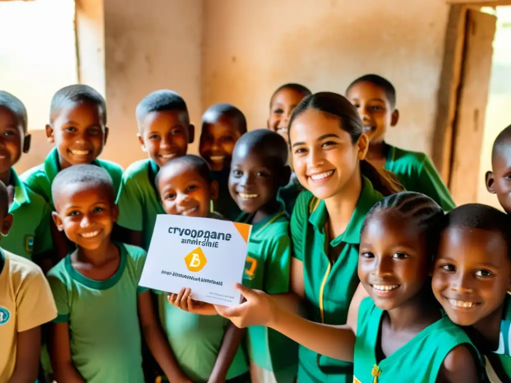 Niños sonrientes en un orfanato, recibiendo apoyo de criptomonedas para ONGs