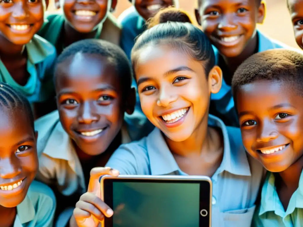 Niños sonrientes de un país en desarrollo reciben criptodonaciones para proyectos sociales en una tablet, irradiando esperanza y alegría