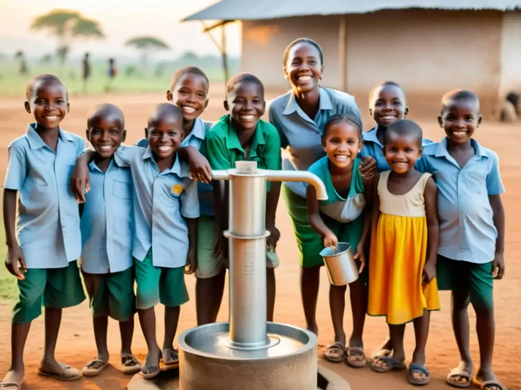 Niños sonrientes en un país en desarrollo, disfrutando agua limpia gracias a estrategias transparentes de donaciones de ONG