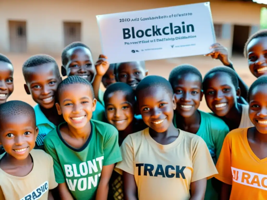 Niños sonrientes en país en desarrollo reciben suministros de ONG con tecnología blockchain para distribución transparente