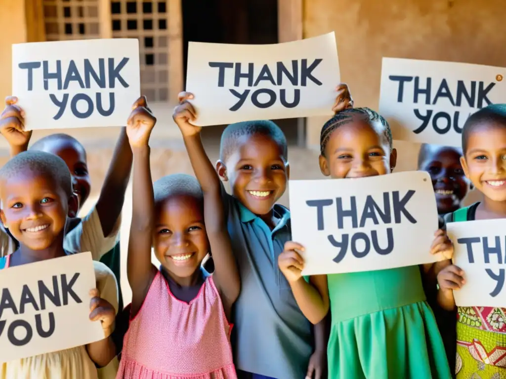 Niños sonrientes en país en desarrollo agradecen a ONG con carteles 'gracias', demostrando impacto positivo y fidelización donantes ONG