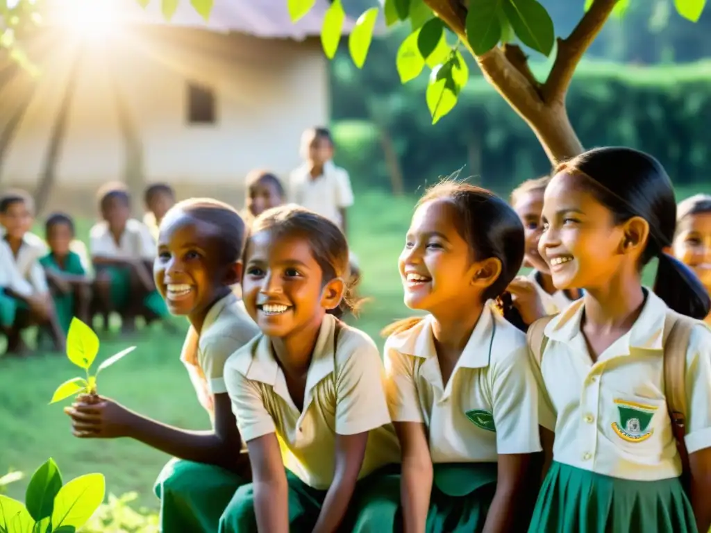 Niños sonrientes participando en programa educativo de ONG en una aldea rural