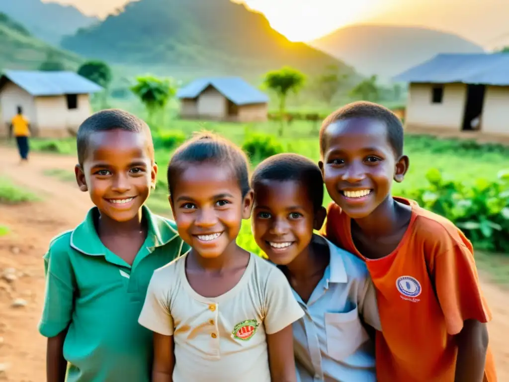 Niños sonrientes en un pueblo rural con ONGs brindando asistencia, transmitiendo casos de éxito en intervenciones