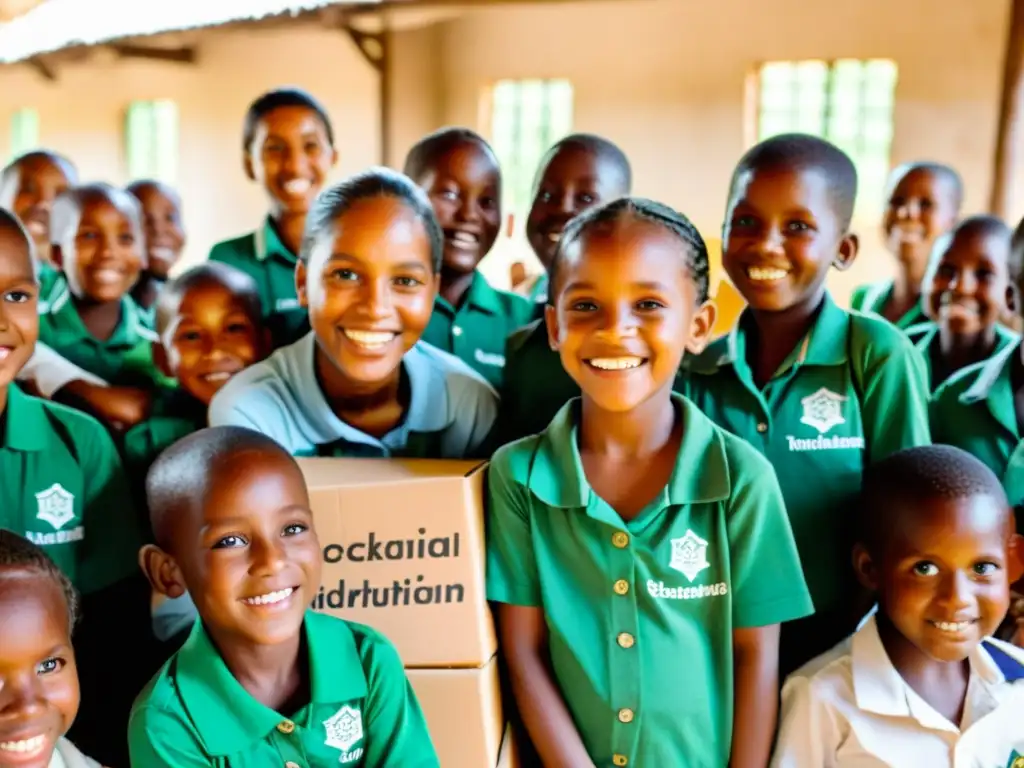 Niños sonrientes reciben recursos educativos en una escuela rural, gracias a aplicaciones de tecnología blockchain en ONGs