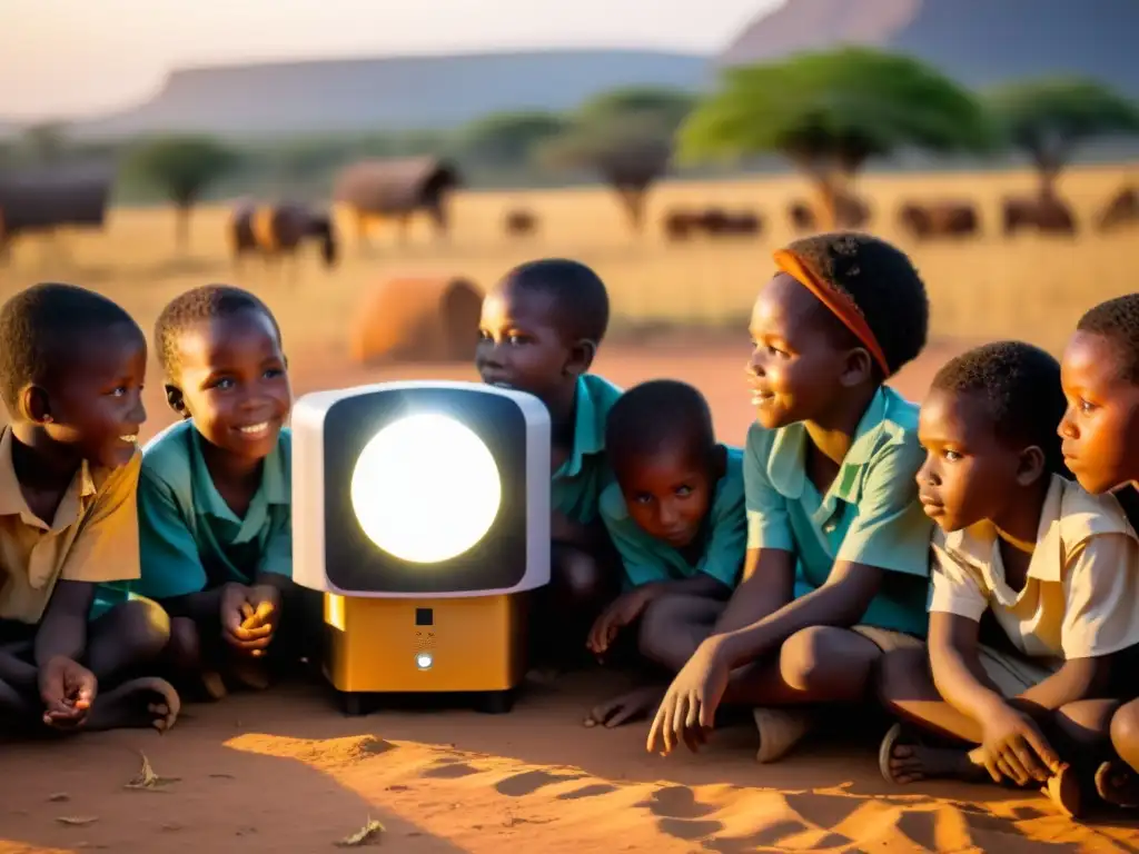 Niños en África disfrutan de tecnología educativa solar al atardecer, Implementación tecnologías educativas ONG