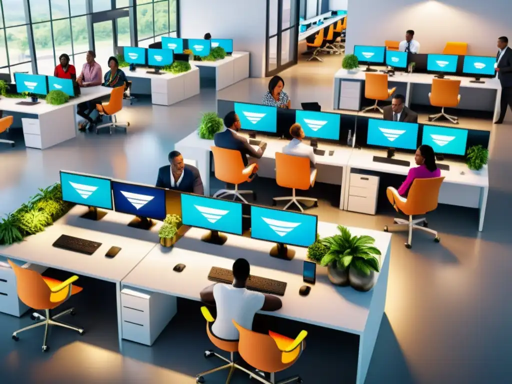 Centro tecnológico sostenible: innovación en ONGs Oficina sostenible en país en desarrollo con diversidad colaborando en proyectos tecnológicos para ONGs, Gestión de activos tecnológicos para ONGs