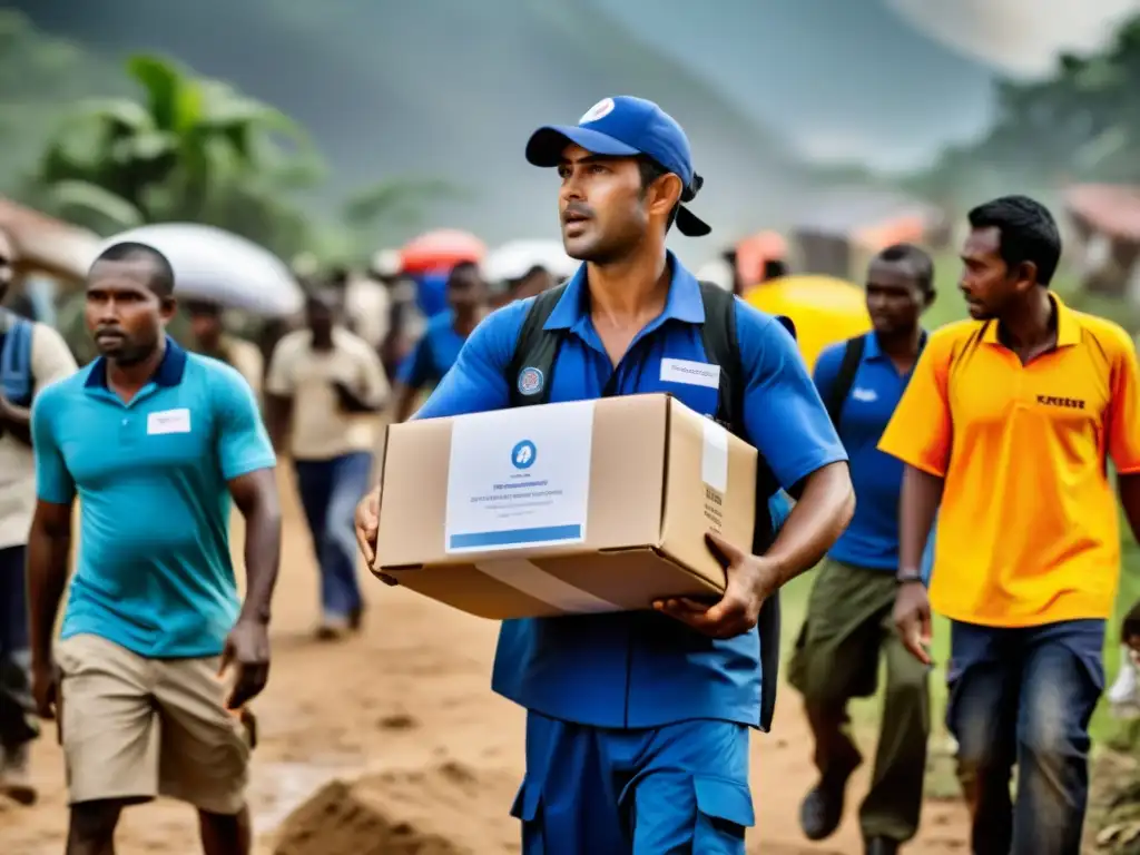 Entrega de Suministros de Emergencia: Voluntarios en Acción ONG distribuyendo suministros de emergencia en comunidad afectada por desastre natural, mostrando preparación y acción en contingencias y riesgos