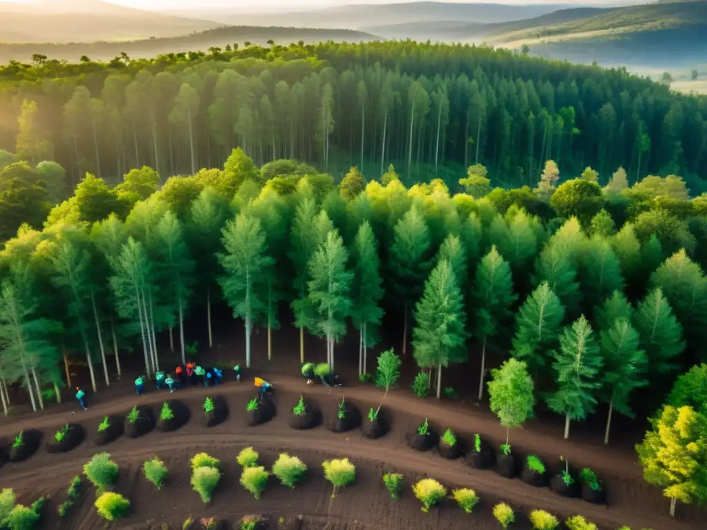 Acción de ONGs contra el cambio climático: Activistas plantan árboles al atardecer, simbolizando esperanza y renovación