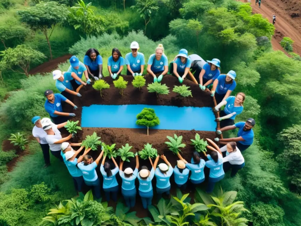 Cooperación internacional para ONGs: Voluntarios plantan árboles en área deforestada, mostrando unidad y acción positiva frente al cambio climático