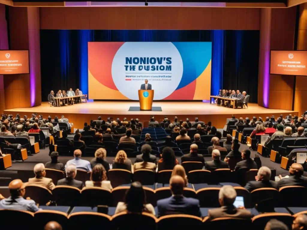 Un orador apasionado en un auditorio, cautivando a una audiencia diversa con un discurso inspirador en un evento de ONG