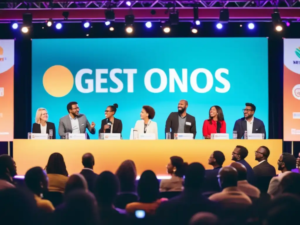 Oradores de ONGs comparten presentaciones memorables en un escenario iluminado, cautivando a una audiencia diversa