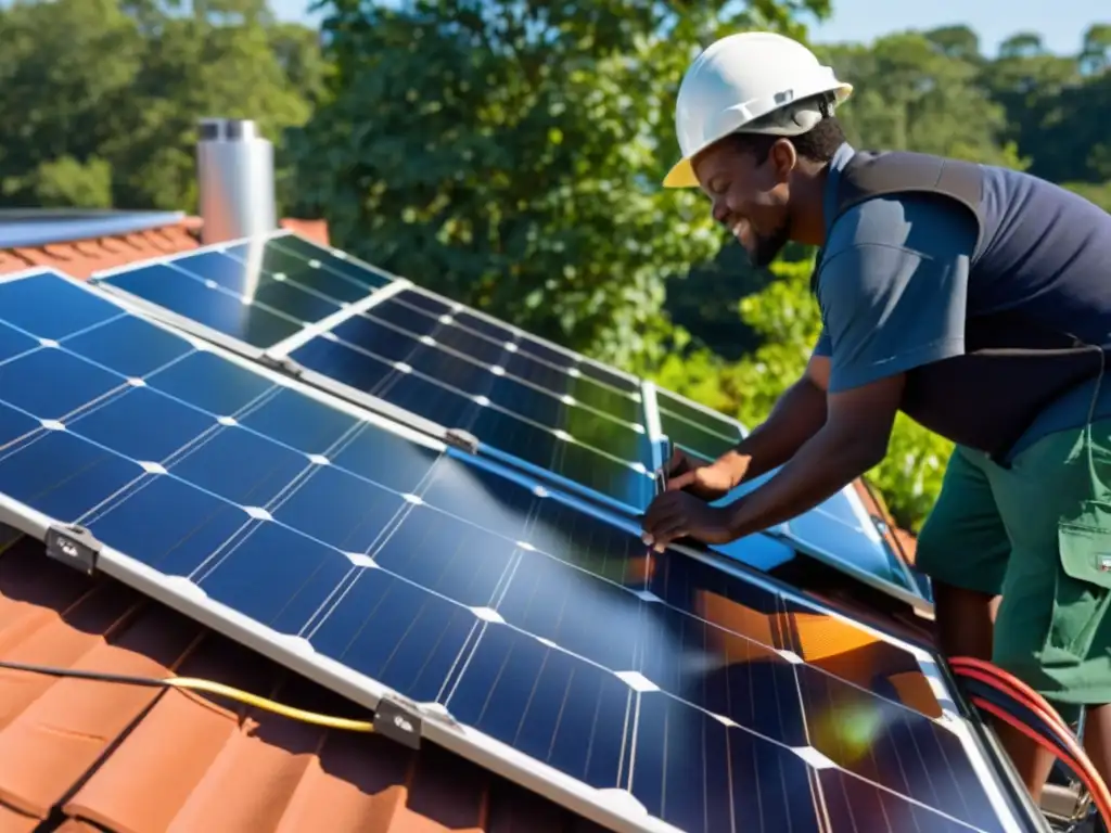Instalación solar comunitaria: energía limpia para un futuro sostenible Un panel solar en detalle, con el sol iluminándolo