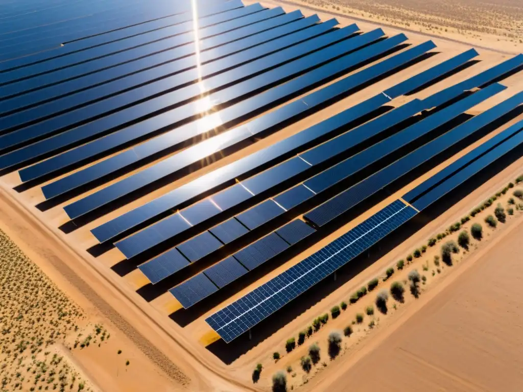 Un panorama aéreo de un campo de paneles solares en un paisaje árido