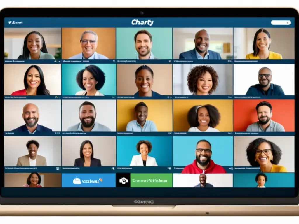 Participantes comprometidos en evento benéfico virtual, demostrando solidaridad y generosidad