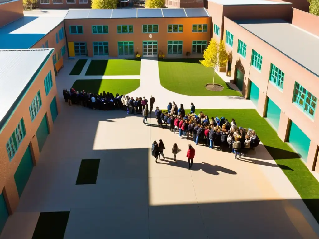 Un patio escolar bullicioso y vibrante con estudiantes participando en actividades educativas, bañado por la cálida luz del sol