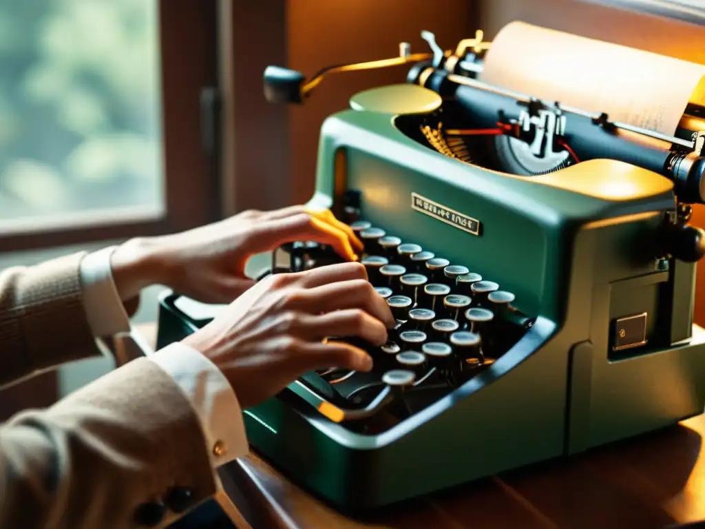 Persona redactando en una máquina de escribir vintage bajo luz natural