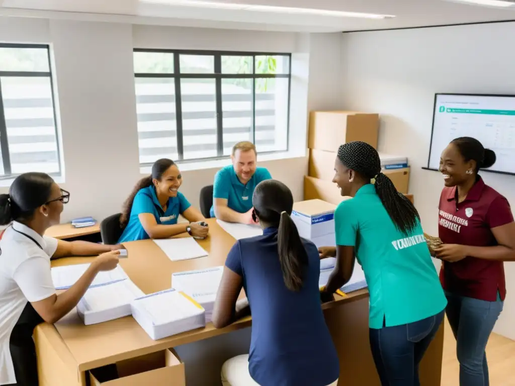 Personal de ONG y voluntarios trabajan juntos en oficina ocupada, coordinando proyectos y estrategias para mantener operatividad ONG