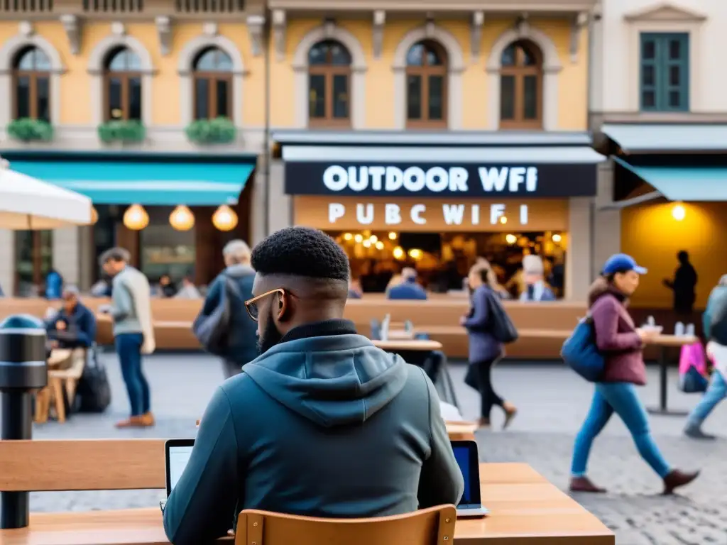 Personas en cafés al aire libre de una bulliciosa plaza urbana, conectadas a WiFi público