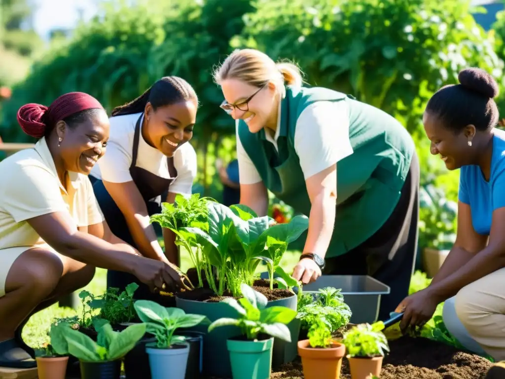 Personas con diversidad de habilidades trabajan juntas en un jardín comunitario, promoviendo la integración social en proyectos inclusivos