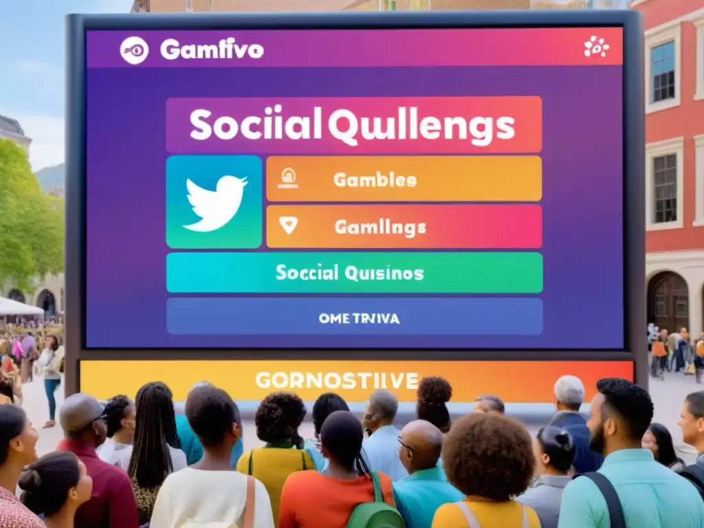 Personas de todas las edades interactúan entusiasmadas con una app gamificada en una plaza pública