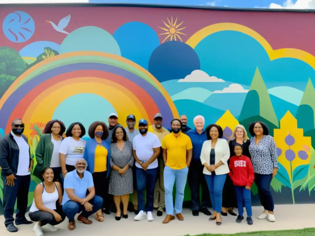 Personas de todas las edades se reúnen alrededor de un mural vibrante en la ciudad, mostrando historias de esperanza y unidad