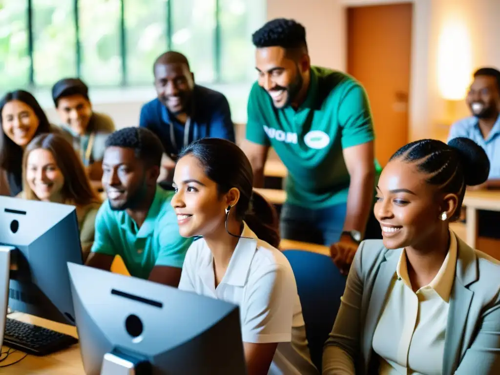 Plataformas voluntariado online ONG: Diversos voluntarios colaboran en un laboratorio, iluminados por las pantallas, trabajando juntos con propósito