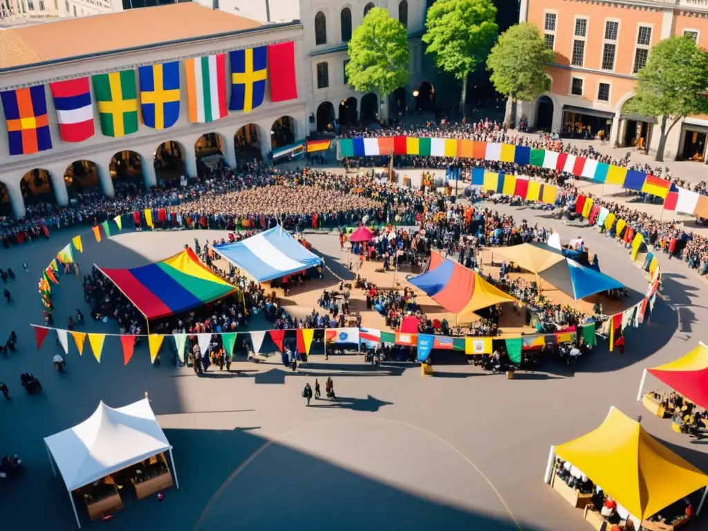 Una plaza de ciudad diversa con gente de distintas culturas y edades, mostrando la importancia de la diversidad e inclusión