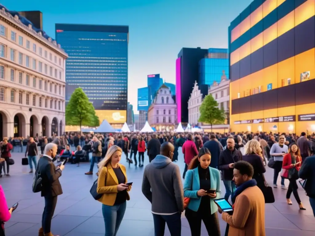 Una plaza concurrida en la ciudad, gente usando WiFi público, algunos cautelosos, otros en actividades sospechosas